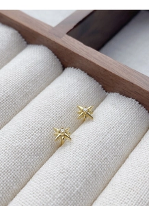 Close-up of golden eight-pointed star earrings with a small diamond in a jewelry box