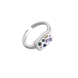 S925 sterling silver open ring with matte finish and colorful cubic zirconia stones