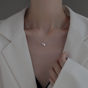 S925 Sterling Silver Four Pointed Star Pendant Necklace Cubic Zirconia Simple Light Luxury Women Clavicle Chain Jewelry