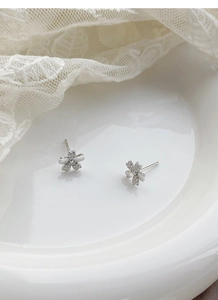 Detail of S925 sterling silver cherry blossom stud earring with sparkling zircons