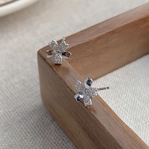 Elegant S999 sterling silver cherry blossom stud earrings with sparkling crystals for women