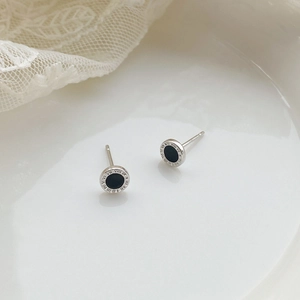 S999 Sterling Silver Roman Numeral Stud Earrings with black inlay and clock design