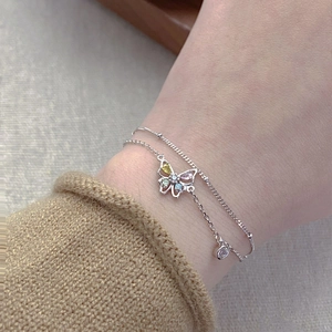 Bracelet Double Couche en Argent Sterling 925 Papillon Creux Bracelet en Strass pour Femmes Bijoux Couleur Platine