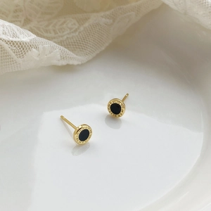 Elegant gold S999 silver roman numeral stud earrings with black enamel inlay