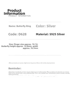 Detailed size chart for 925 sterling silver butterfly ring with dimensions and HK size guide