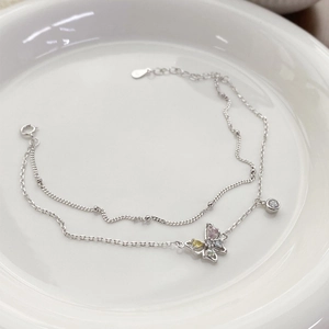 Bracelet double couche en argent sterling S925 avec breloques papillon en cristal coloré