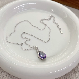 S925 Sterling Silver Purple Teardrop Zirconia Necklace For Women High-end Design Water Drop Pendant Clavicle Chain Jewelry Gift