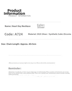 Detailed specifications for S925 sterling silver heart key necklace with cubic zirconia