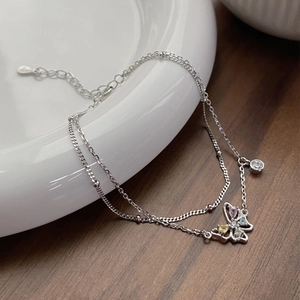 Bracelet double couche en argent S925 avec papillon en pierres colorées et oxydes de zirconium