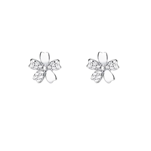 Elegant S999 silver cherry blossom stud earrings with sparkling cubic zirconia flower design