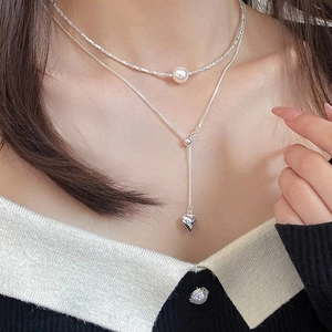 S925 sterling silver layered necklace with pearl and heart pendant for women