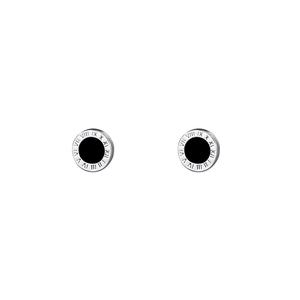 Minimalist S999 sterling silver round stud earrings with black Roman numeral engraving