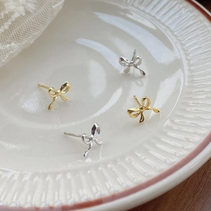 S999 Fine Silver Bowknot Stud Earrings For Women Light Luxury Fashion Minimalist Gold Silver Plated Polished Piercing Jewelry