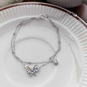 Bracelet double couche en argent sterling S925 avec pendentifs papillons colorés et zircons