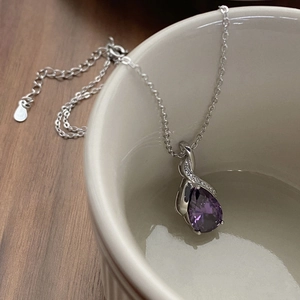 S925 sterling silver necklace with purple teardrop gemstone and micro-pave crystals