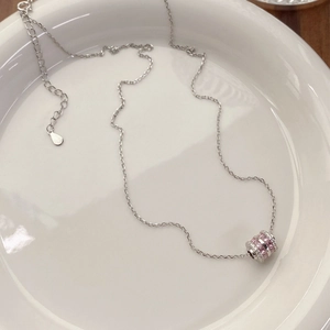 S925 Sterling Silver Pink Zirconia Pendant Necklace For Women Sweet Cylindrical Small Waist Chain Elegant Luxury Jewelry