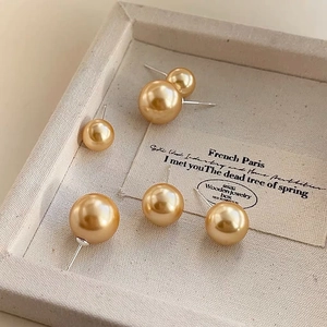 S925 Sterling Silver Post Golden Shell Artificial Pearl Stud Earrings Round High Luster Light Luxury Jewelry For Women Elegant Party Accessory