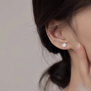 Elegant S925 sterling silver camellia flower stud earrings with iridescent center stone