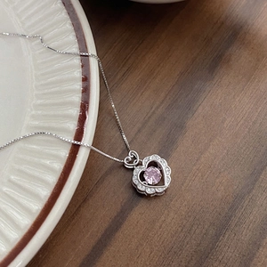 S925 Sterling Silver Heart Necklace For Women Pink Zirconia Beating Heart Clavicle Chain Light Luxury Jewelry Valentine Day Gift