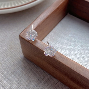 Elegant S925 silver camellia flower earrings with pearlescent resin petals for women