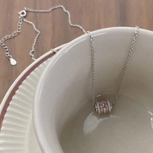 Elegant S925 sterling silver cylinder necklace with pink gemstones and white zircons