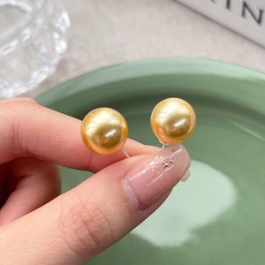 Elegant 10mm gold round pearl stud earrings with S925 sterling silver posts for women