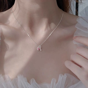S925 sterling silver necklace with pink heart lock and key pendant on white lace
