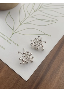 Close-up of S925 sterling silver firework stud earrings on a leaf motif display card
