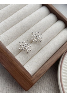 Macro shot of S925 sterling silver firework stud earrings in a wooden jewelry display box