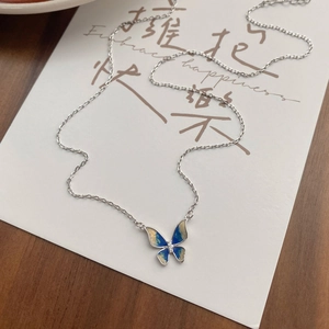 Elegant S925 silver butterfly necklace with blue enamel and sparkling cubic zirconia