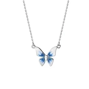 Elegant S925 silver butterfly necklace with blue-white enamel pendant and zircon accent