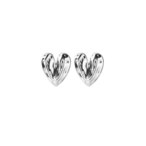 S999 sterling silver heart stud earrings with irregular hammered texture and shiny finish