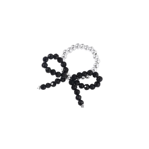 S925 sterling silver beaded ring featuring a black crystal butterfly design on white backdrop