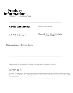 Detailed specifications for S999 silver star stud earrings with cubic zirconia size guide