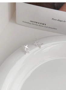 Detail of silver S925 four-pointed star earrings with micro-set zircon on ceramic plate