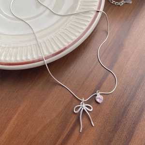 S925 Sterling Silver Bowknot Pink Heart Pendant Necklace Sweet Zirconia Inlaid Snake Bone Chain Luxury Jewelry For Women