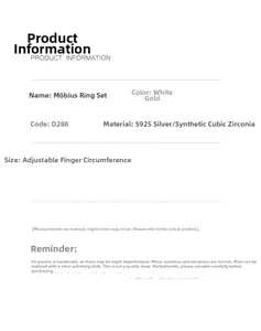 Specifications table for S925 silver Mobius ring showing material and adjustable size details