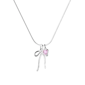 Exquisite S925 sterling silver necklace with pink heart pendant and silver bowknot charm