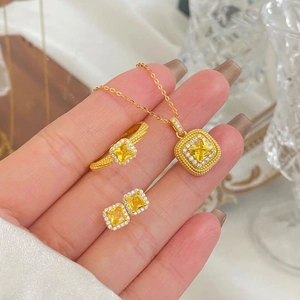 925 Sterling Silver Gold Plated Jewelry Set Square Yellow Zirconia Necklace Ring Earrings For Women French Vintage Style