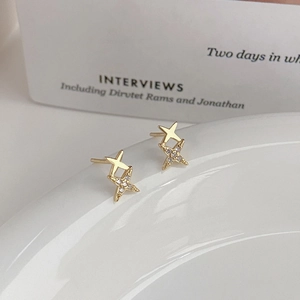 Elegant gold S999 sterling silver star stud earrings with sparkling crystals for women