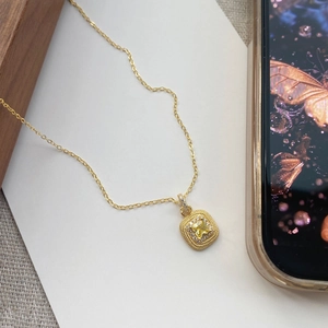 Elegant S925 silver gold necklace with square yellow gemstone and diamond halo
