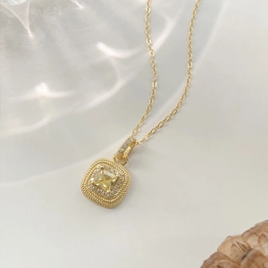 Luxurious S925 silver necklace featuring a sparkling square yellow gemstone pendant