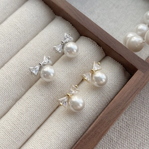 Bowknot Artificial Pearl Stud Earrings With 925 Sterling Silver Post Zircon Inlaid Gold Silver Ear Jewelry For Wedding Party Women