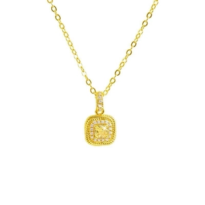 Sparkling S925 silver necklace with square yellow zircon pendant and gold chain