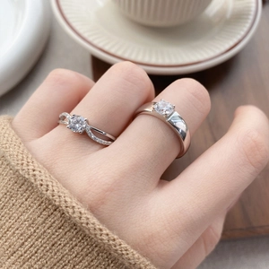 Classic S925 sterling silver couple rings with brilliant cubic zirconia in a cozy setting