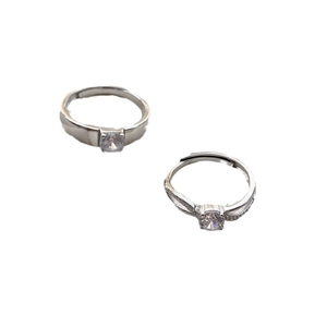 Classic S925 sterling silver four-prong couple rings with adjustable bands and clear stones