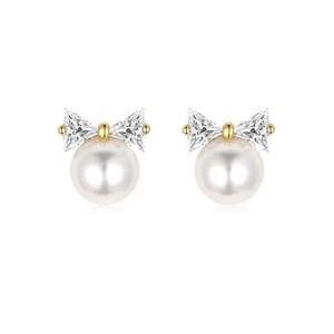 Elegant S925 silver bow pearl earrings with sparkling zircon gemstones on white background