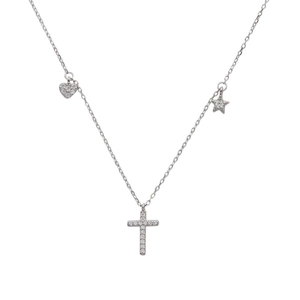 Minimalistische S925 Silberkette mit Herz-, Kreuz- und Sternanhänger und Pavé-Zirkonia