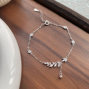 Elegant S925 sterling silver wheat branch bracelet with marquise zircon stones and tassels