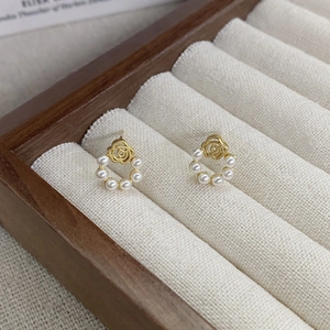 Boucles d'Oreilles Clous Rose Vintage Français Avec Tige en Argent Sterling 925 Or Plaqué Künstliche Perle Incrustée Fleur Bijoux Femme
